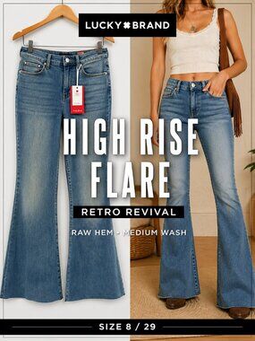 NWT Lucky Brand Stevie High Rise Flare Jeans Medium Wash Raw Hem 8/29 Retro